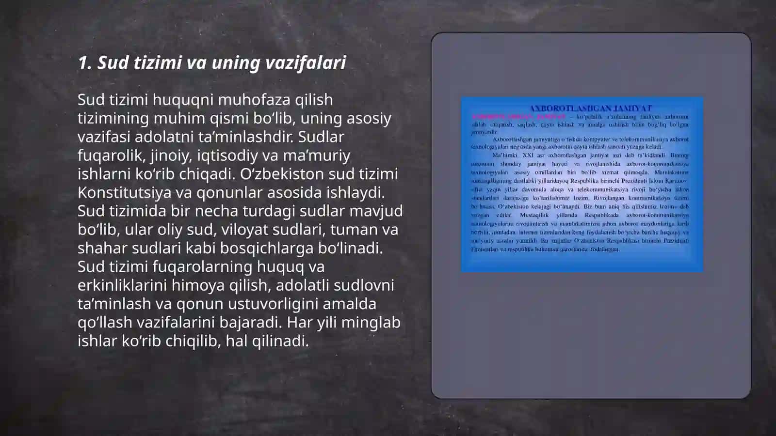 Huquq va Turizm fakulteti Yurisprudensiya yo'nalishi 1-bosqich 24_170-guruh talabasi Abdullayev Xurshidbekning Sud va Huquqni muhofaza qiluvchi organlar fanidan tayyorlagan taqdimot ishi 3