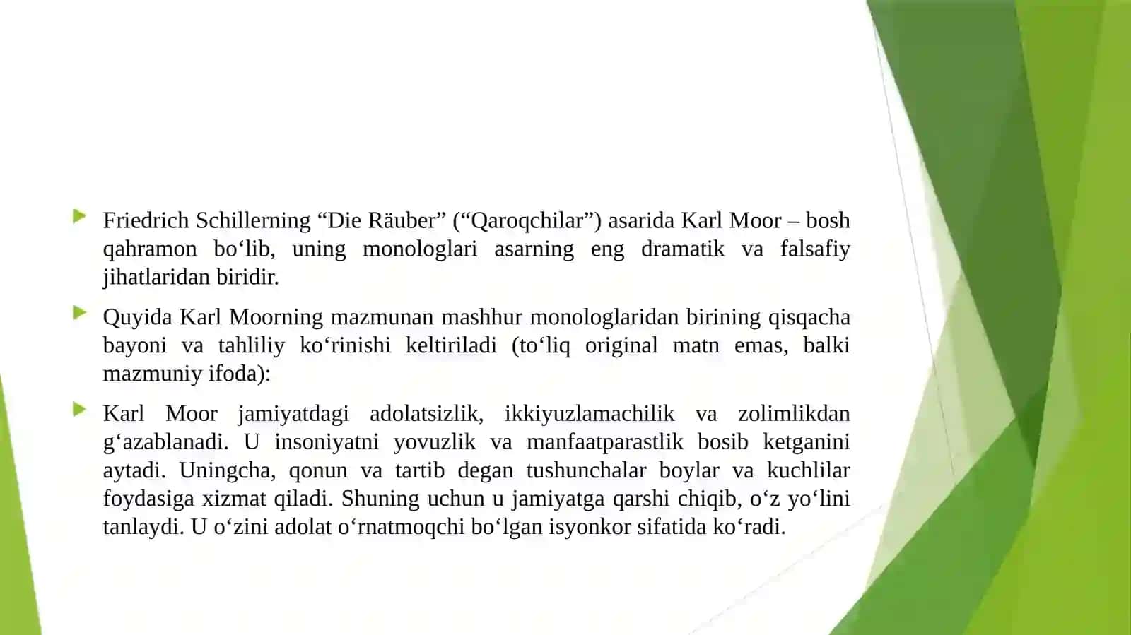 Fridik Schillerning qaroqchilar asaridan karl mor manalogi 3