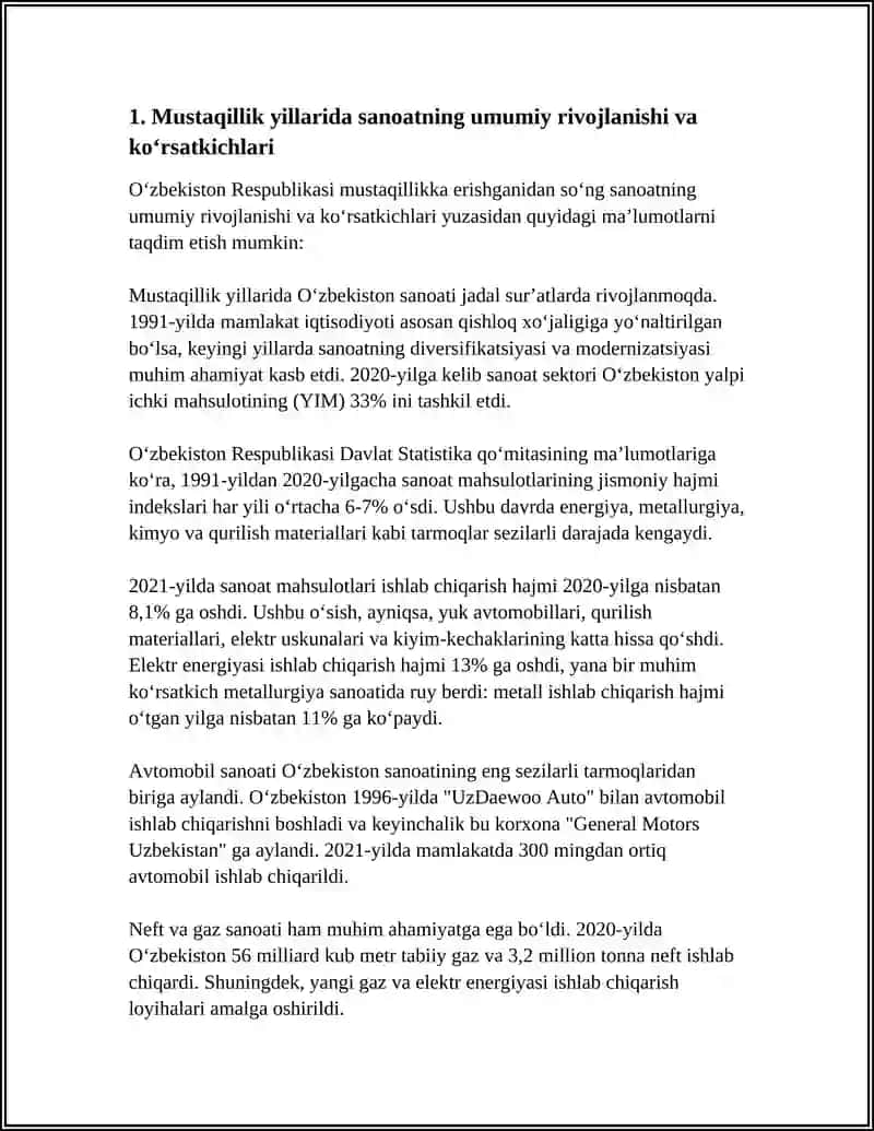 MUSTAQILLIK YILLARIDA SANOAT SOHASIDA O'ZGARISHLAR HAQIDA 3