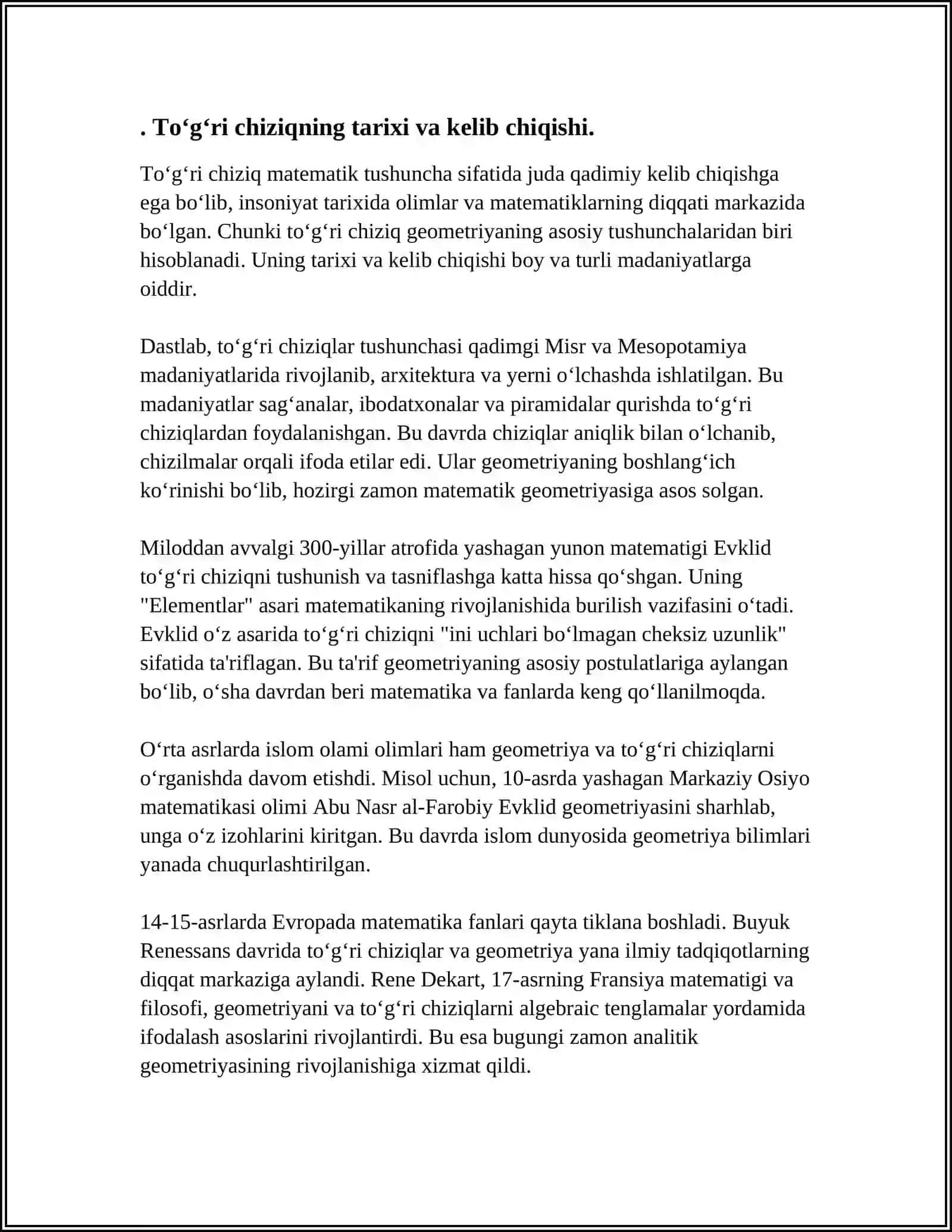 TO‘G‘RI CHIZIQ, NUQTA VA TEKISLIK TUSHUNCHALARI QANDAY VUJUDGA KELGANINI VA ULAR GEOMETRIYANING RIVOJLANISHIDA QANDAY O‘RIN TUTGANINI O‘RGANING 3