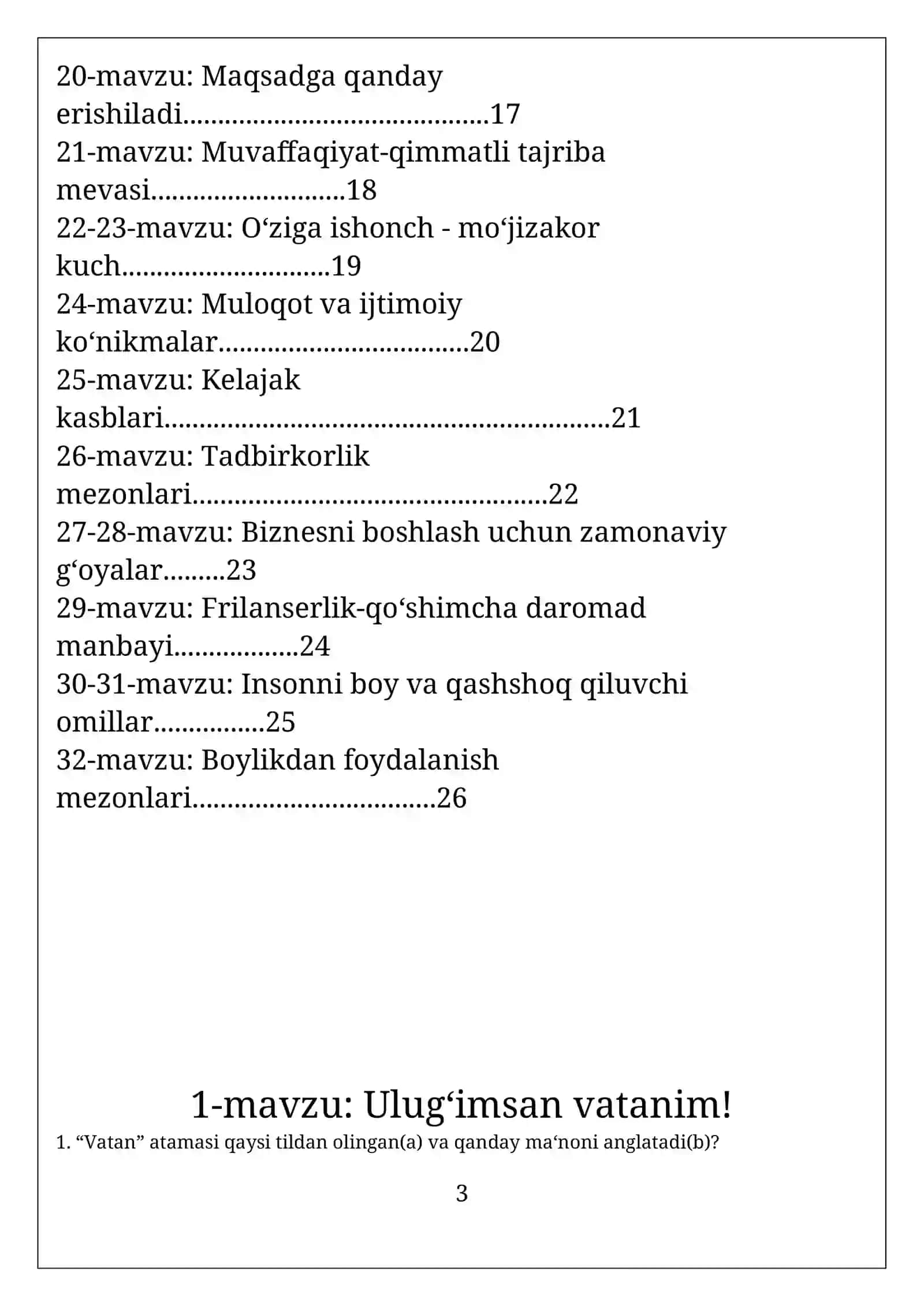 9-sinf Tarbiya 2020 darsligi bo'yicha testlar to'plami. Kalitlari bilan. 3
