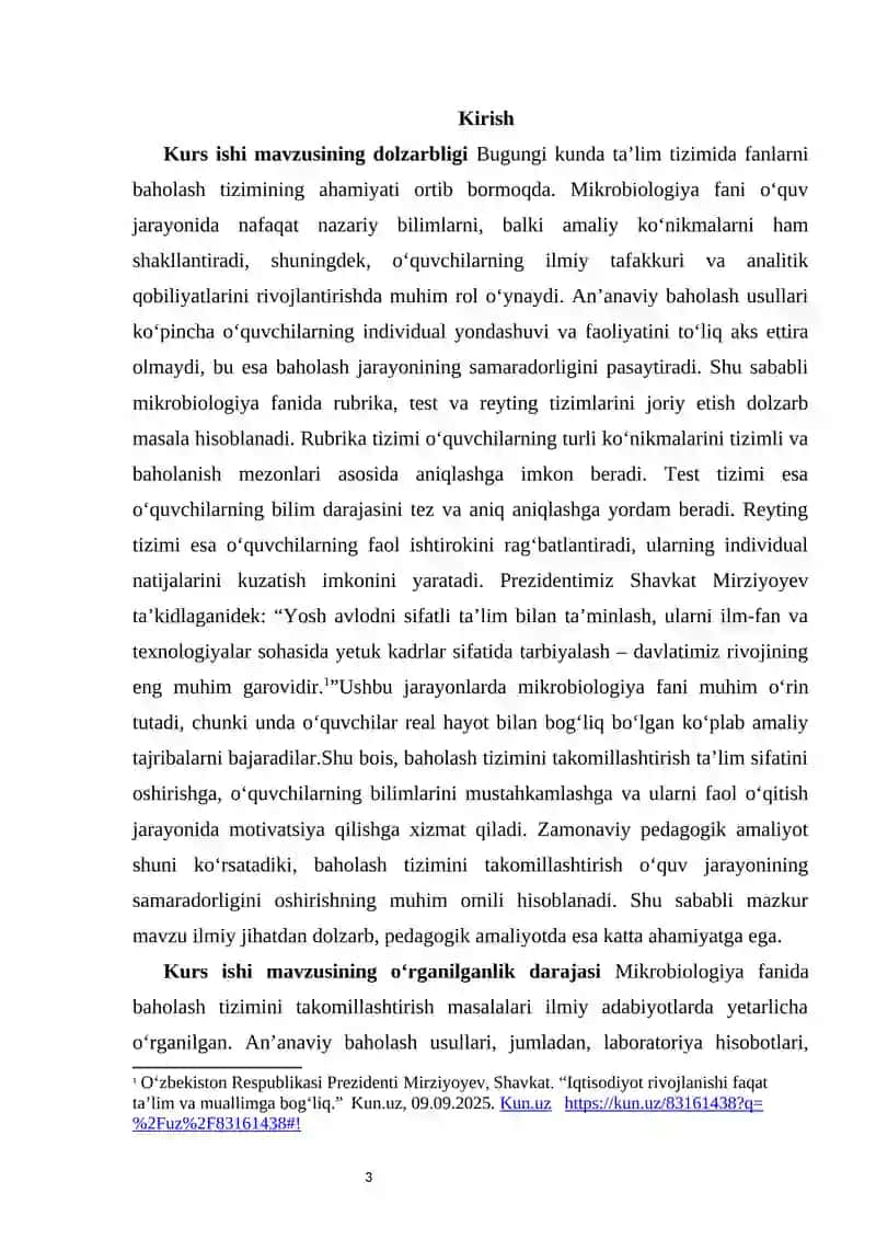 MIKROBIOLOGIYA FANIDAN BAHOLASH TIZIMINI TAKOMILLASHTIRISH (RUBRIKA, TEST, REYTING) 3
