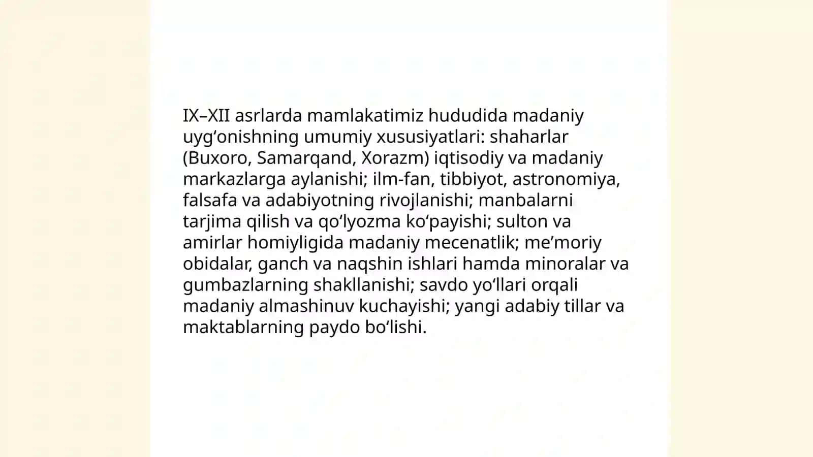 IX-XII asrlarda mamlakatimiz hududida roʻy bergan madaniy uygʻonish (Renessans) 3
