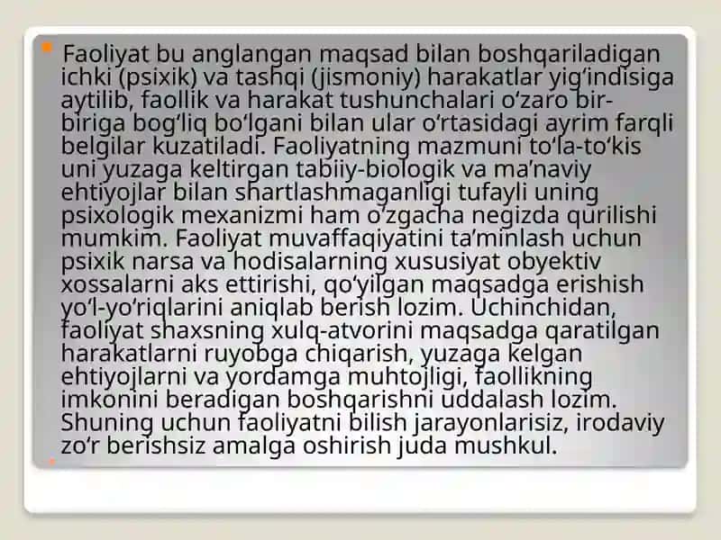 Faoliyatat ning tuzilishi va uning o‘ziga xosligi 3