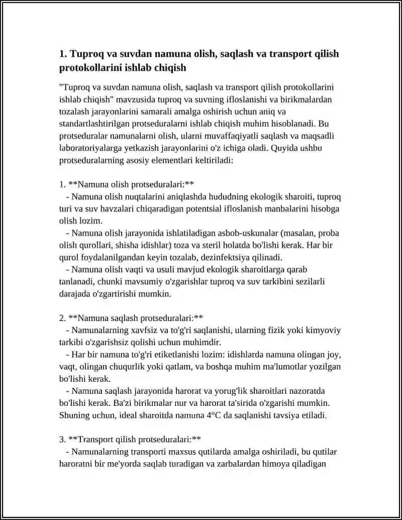 Tuproq va suvdan namuna olish, saqlash va transport qilish protokollarini ishlab chiqish 3