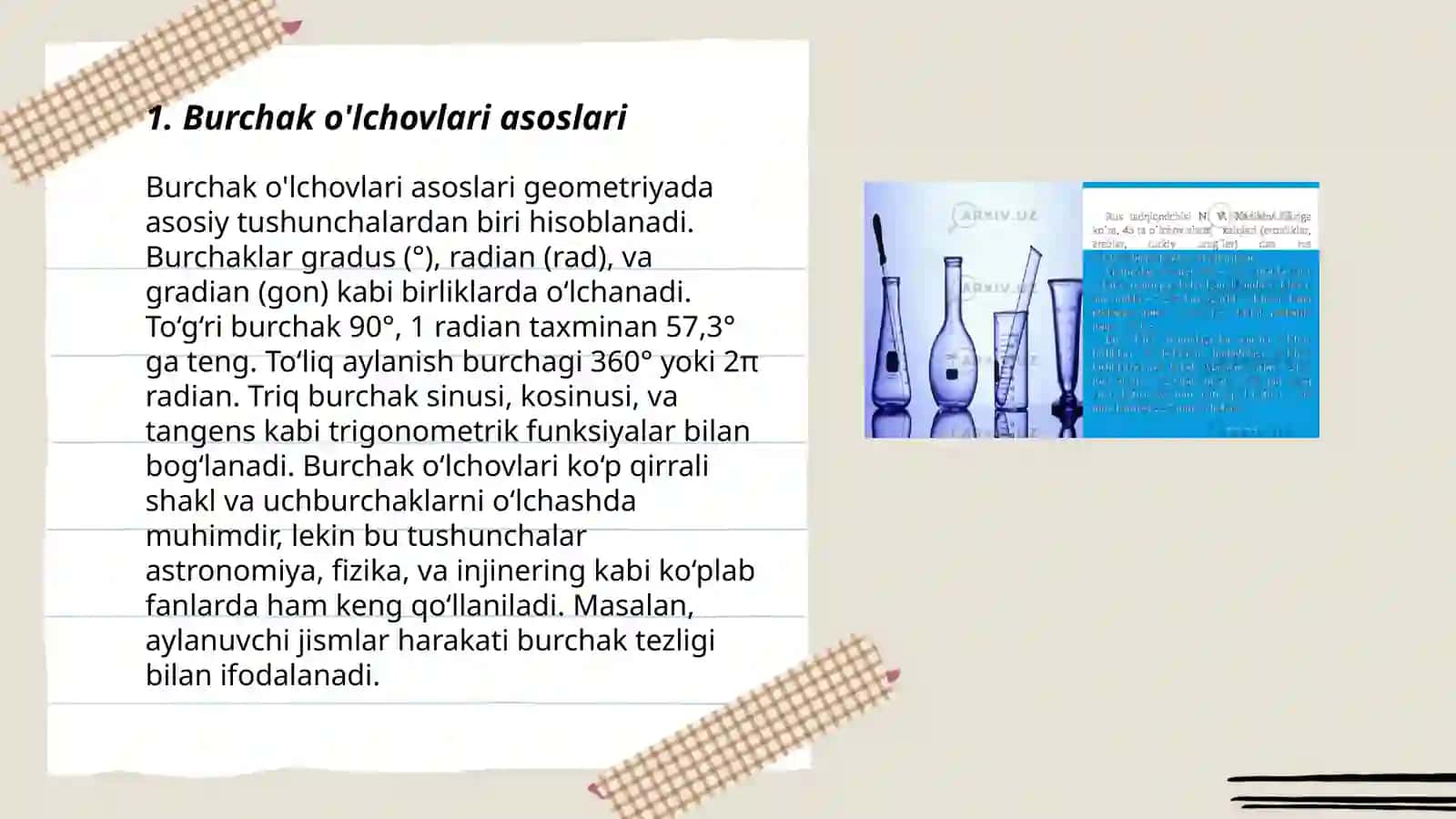 Burchak o'lchovlari turlarini o'rganish va har bir o'lchov turining qo'llanilishi sohasini aniqlash o'lchovlar bo'yicha taklif berish 3