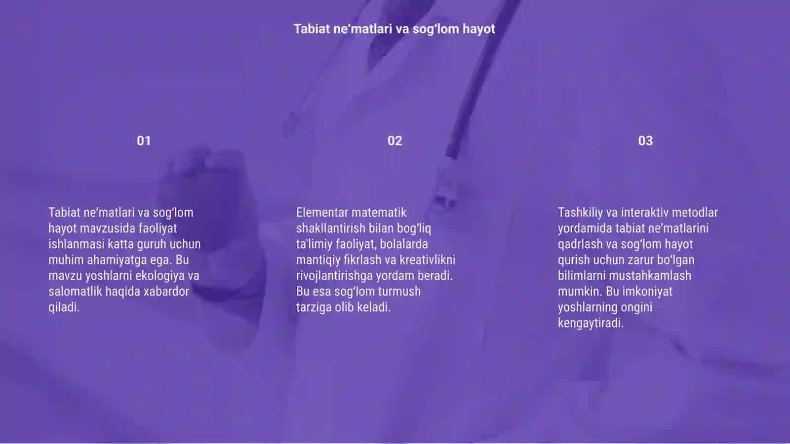 Tabiat neʼmatlari sogʻlom hayot manbai mavzusi asosida elementar matematik shakllantirish boʻyicha faoliyat ishlanmasi katta guruh 3