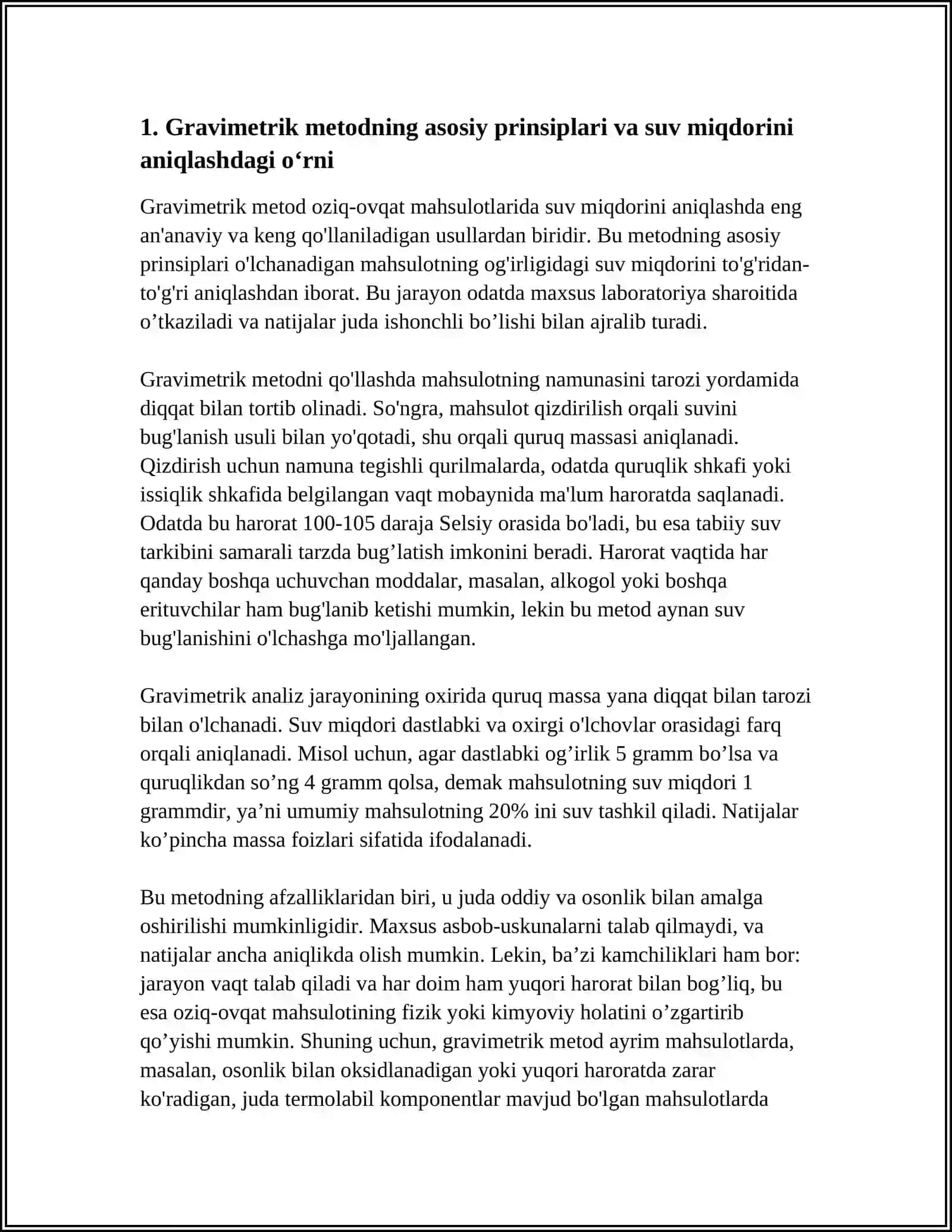 OZIQ-OVQAT MAHSULOTLARIDA SUV MIQDORINI ANIQLASH - GRAVIMETRIK METOD YORDAMIDA 3