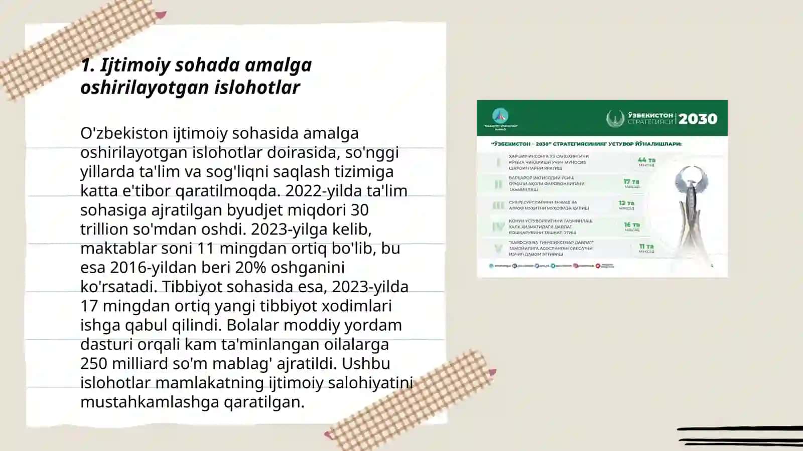 Yangi Oʻzbekistonda Prezident Sh.M.Mirziyoyev rahbarligi va tashabbusi ostida amalga oshirilayotgan islohotlar 3