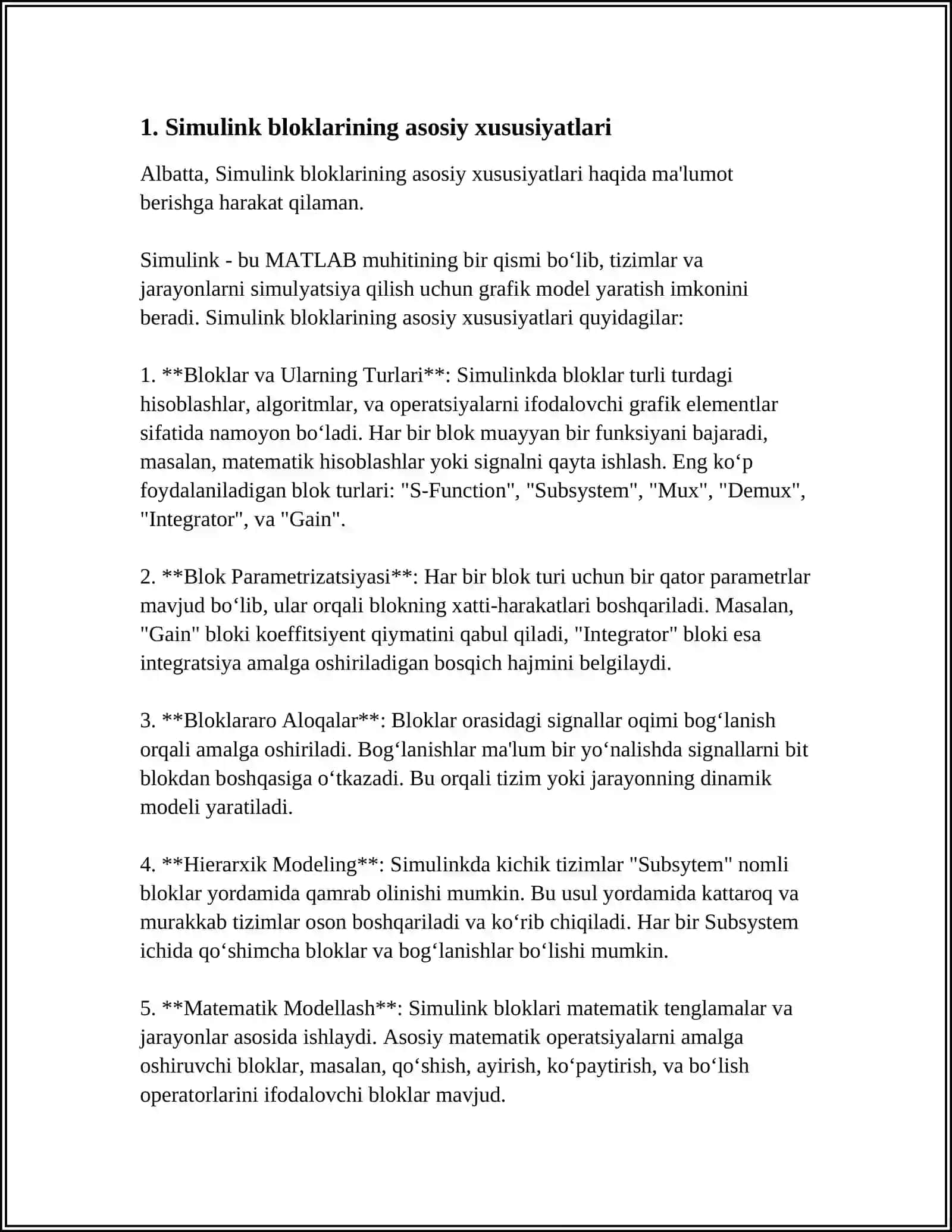 SIMULINK QISM DASTURIDAGI BLOKLARNING XUSUSIYATLARI 3