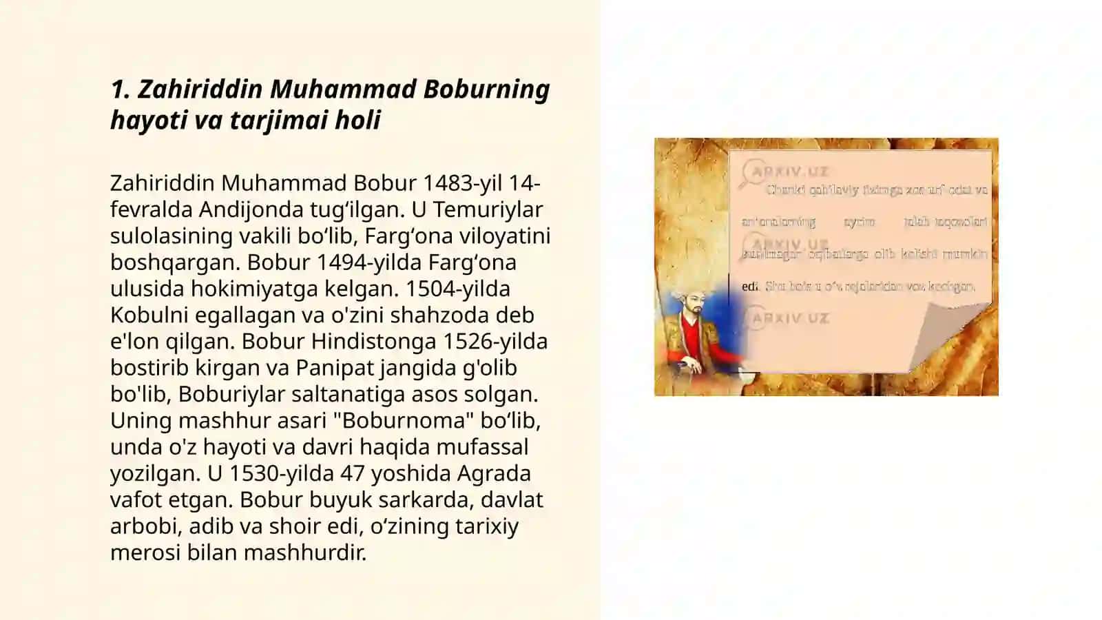 Zahiriddin Muhammad Bobur va uning siyosiy,iqtisodiy,madaniy sohalardagi faoliyati 3