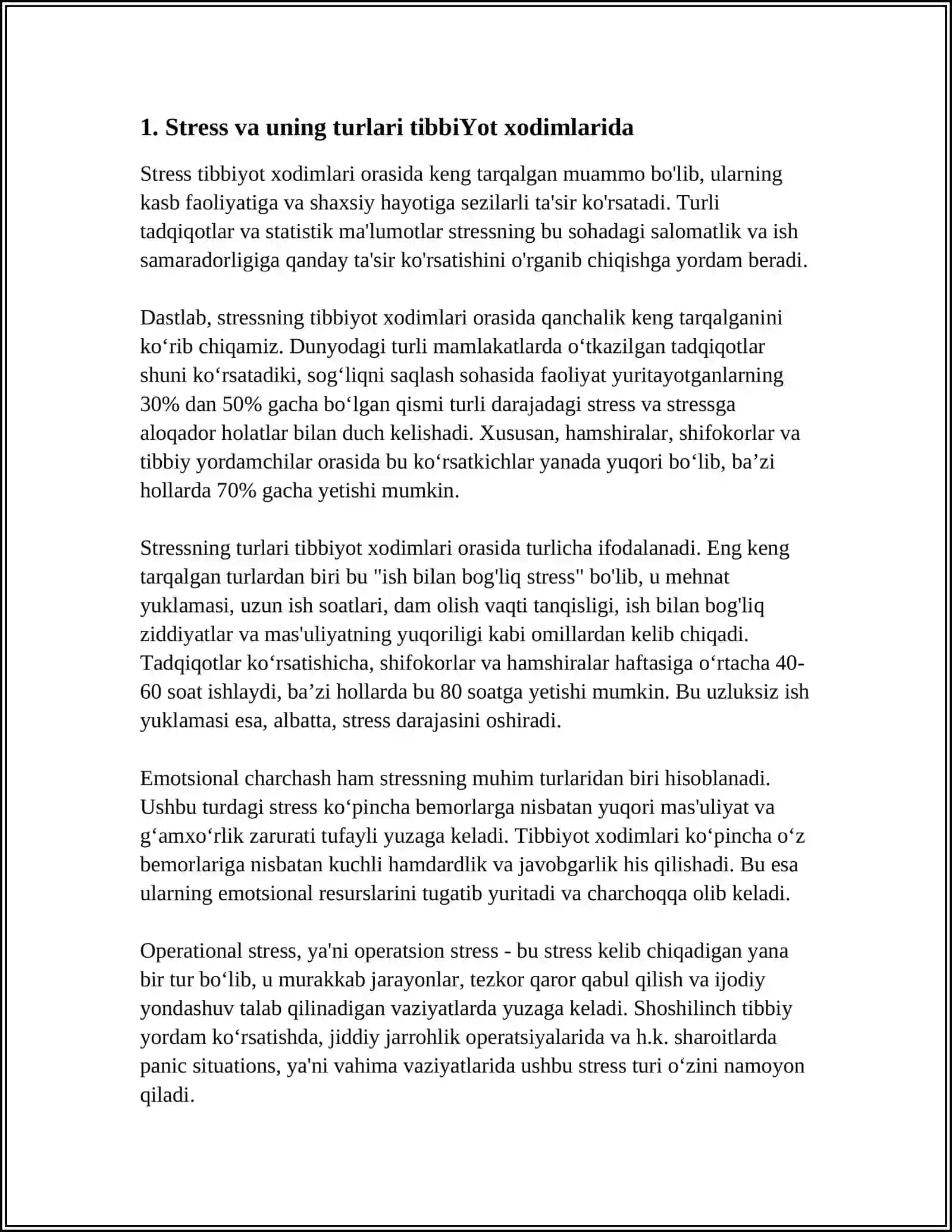 TIBBIYOT XODIMLARIDA EMOTSIONAL HOLATLARNING O‘ZIGA XOSLIGI: STRESS VA UNING BOSQICHLARI, BARTARAF ETISH YO‘LLARI 3