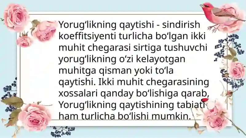 Yorugʻlikning sinish va qaytish qonuni. Tibbiy tashxis amaliyotida refraktometrik usullarning qoʻllanishi.Tibbiyotda endoskopik usullarning qo’llanishi.Lazerning tibbiyotda qo’llanishi 3