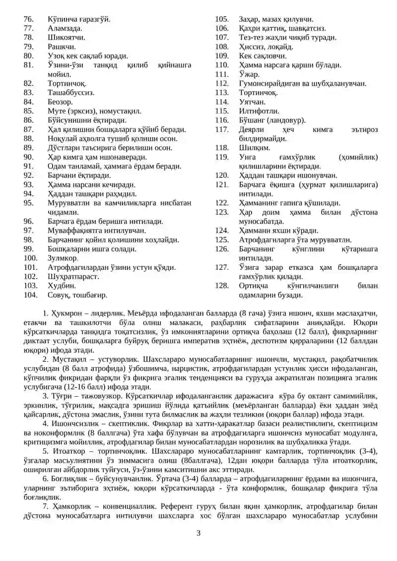 Шахслараро муносабатлар интерперсонал ташҳисининг модификациялаштирилган варианти 3