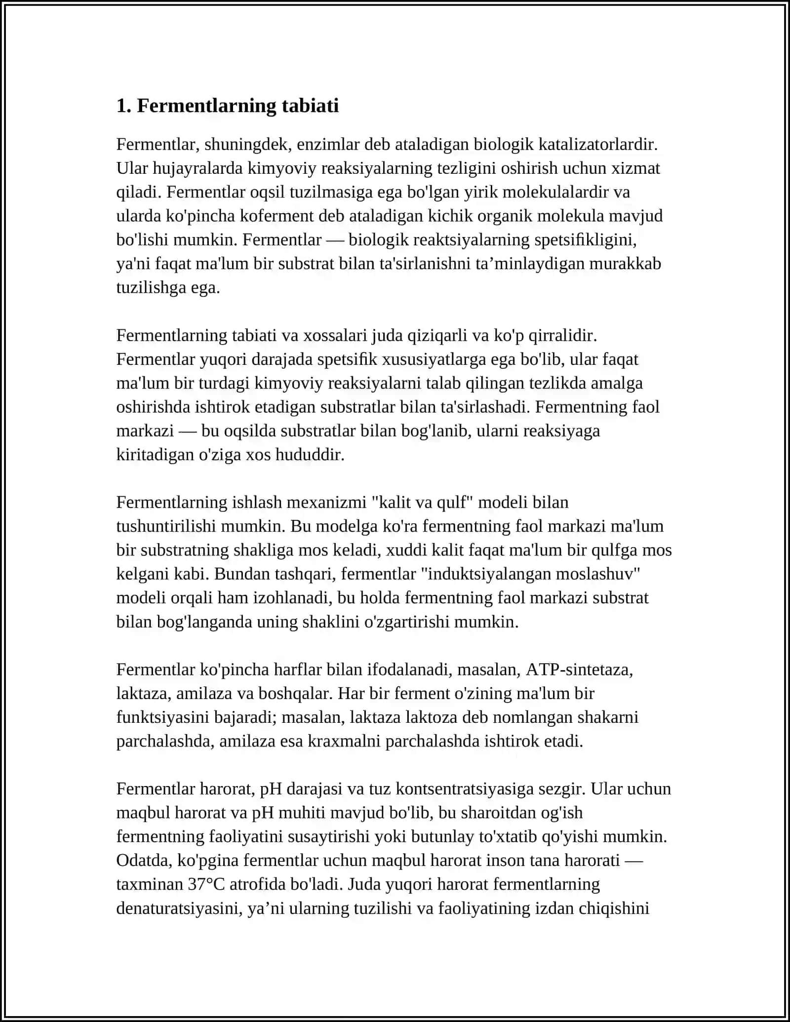 Fermentlarning Kimyoviy va Tibbiy Biologik Xossalari. Fermentlar 3