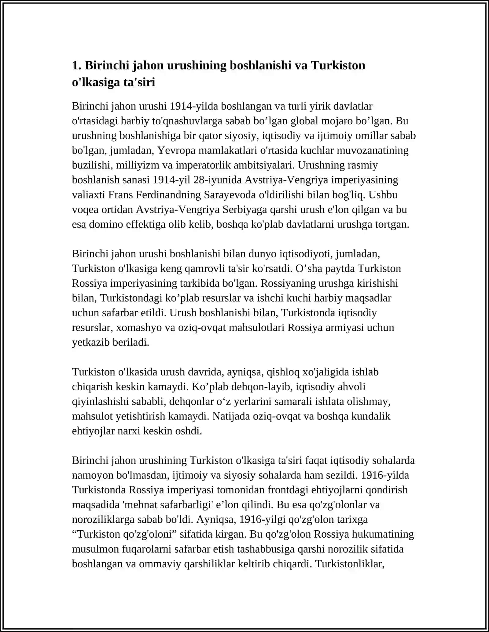 BIRINCHI JAHON URUSHINING TURKISTON OLKASIGA TASIRI. 1916 YIL MILLIY-OZODLIK HARAKATI 3