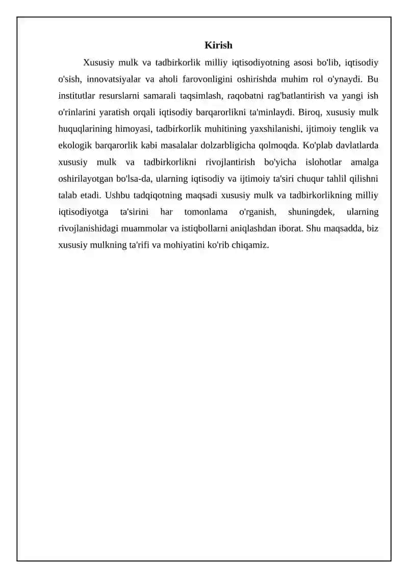 Xususiy tannoq va tadbirkorlikning milliy iqtisodiyotda tutgan o'rni hamda ijtimoiy-iqtisodiy 3