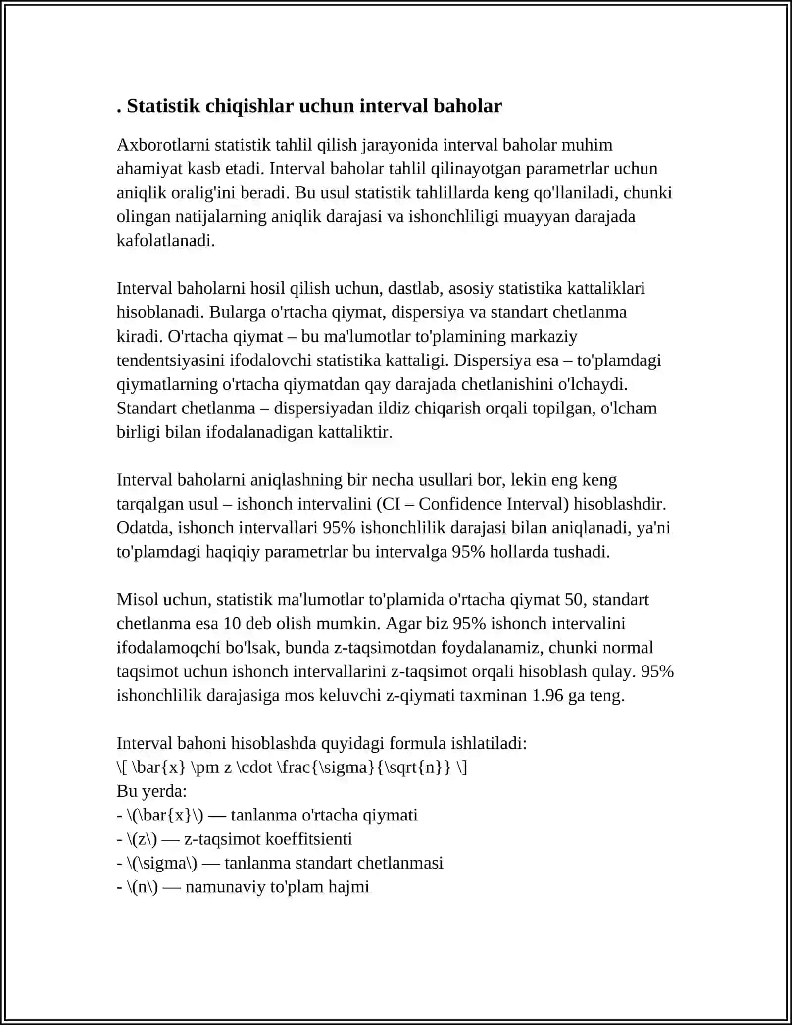 MUHIM TAQSIMOTLAR PARAMETRLARI UCHUN INTERVAL BAHOLAR TERISH 3