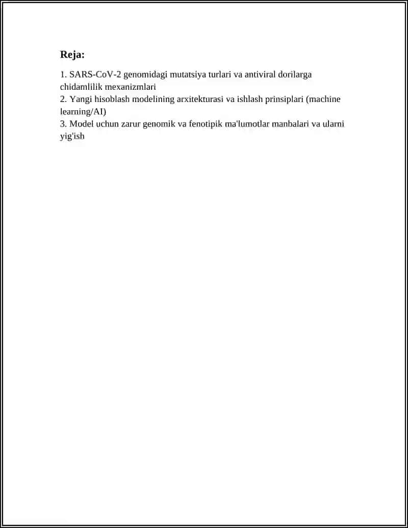 SARS-COV-2 VA ANTIVIRALLARGA QARSHIMUTATSIYALAR. YANGI COMPUTATIONAL MODEL ORQALIDORI CHIDAMLILIGI YUZASIDAN TAXMINIYYONDOSHUVLAR 3