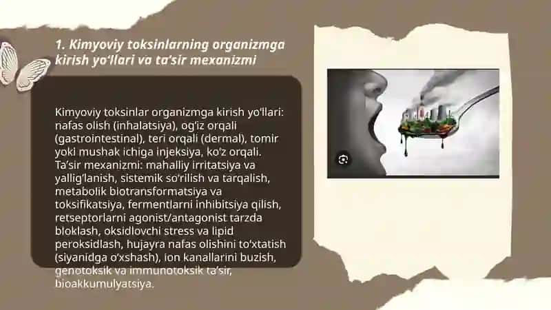 Kimyoviy toksinlarning inson organizmiga ta'sir etish mexanizmi va turlari Radioktiv moddalar turlari va sinflanishi 3