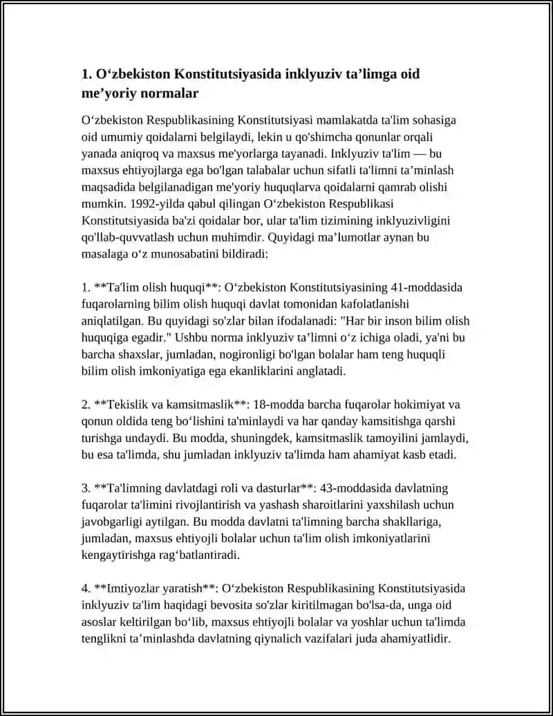 Oʻzbekistonda inklyuziv ta'limning me'yoriy va huquqiy bazasini tahlil qilish 3