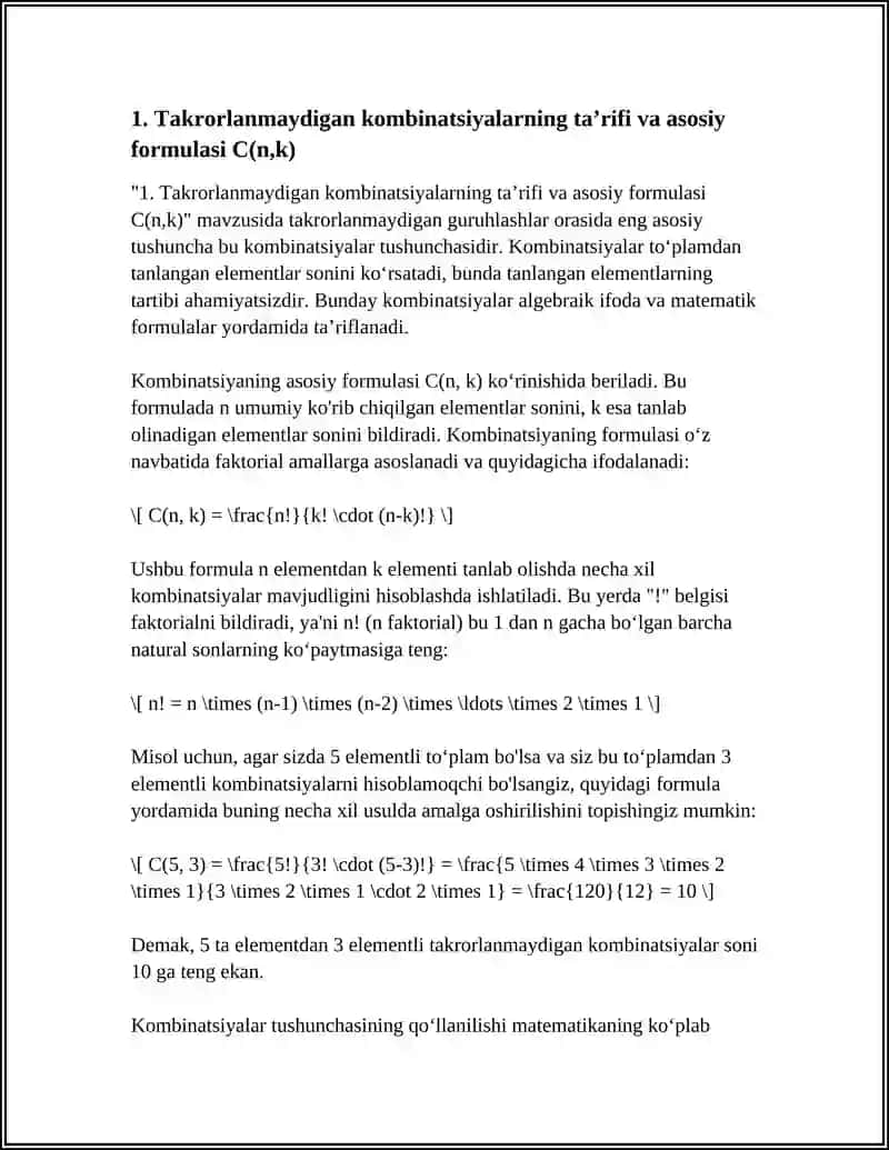 Takrorlanmaydigan kombinatsiyalarning taʼrifi va asosiy formulasi C(n,k) 3