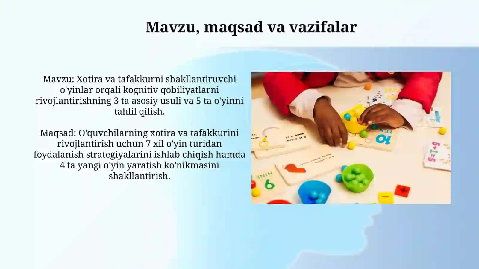 Xotira va tafakkurni shakllantiruvchi o'yinlar orqali kognitiv qobiliyatlarni rivojlantirishning 3 ta asosiy usuli va 5 ta o'yinni tahlil qilish 3