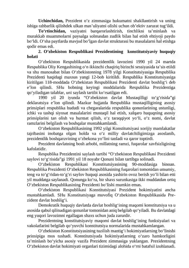 O‘zbekiston Respublikasi Konstitutsiyasida O‘zbekiston Respublikasi Prezidenti va Vazirlari Mahkamasi 3
