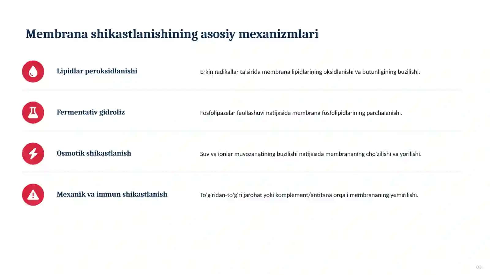 PATOFIZIOLOGIYA ASOSLARI. membrana buzilishlarini patologik jarayonlarini kelib chiqishdagi oʻrni 3