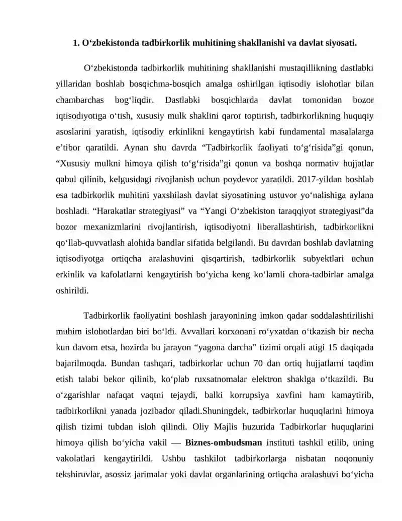 Oʻzbekistonda tadbirkorlik muhitini yaxshilashga qaratilgan islohotlar 3