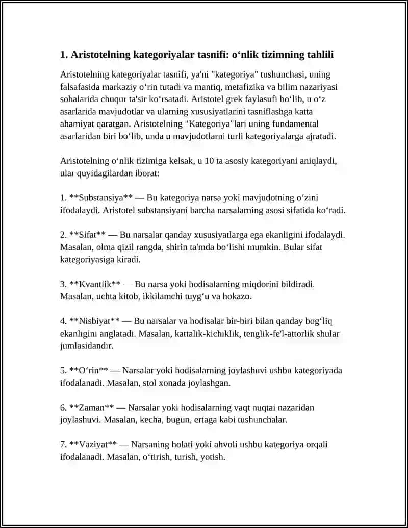 MUSTAQIL ISH Mavzu: ARISTOTEL, FAROBIY KANT ONTOLOGIYASIDA KATEGORIYALAR TASNIFI 3