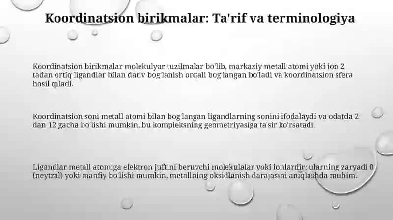 Koordinatsion birikmalarining kimyoviy bog'lanishlari 3