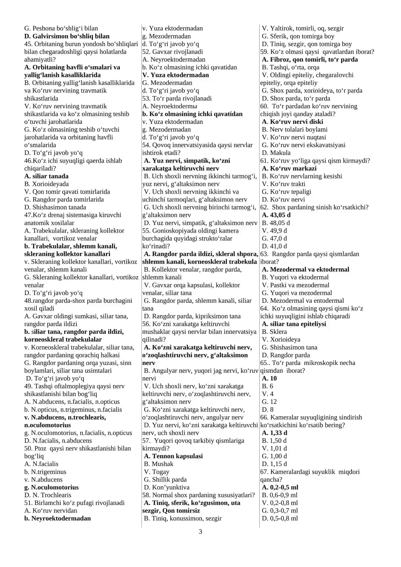 OFTALMOLOGIYA MAGISTRATURA VA KLINIK ORDINATURAGA KIRISH UCHUN TESTLAR 1000 TA 2026 YIL 3