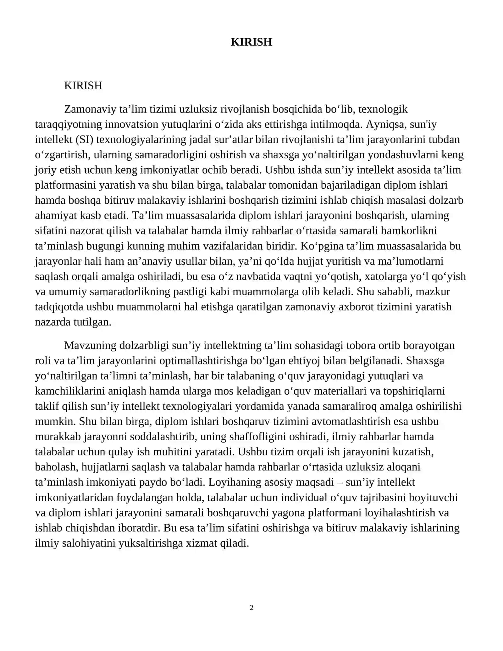 Sun’iy intellekt asosida ta’lim platformasi va diplom ishlari boshqaruv tizimini ishlab chiqish 3