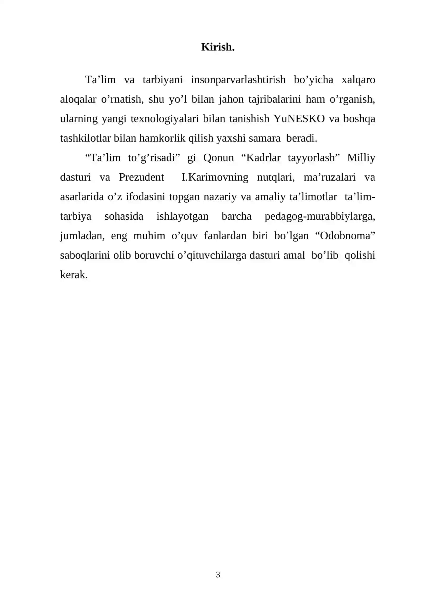 Boshlang’ich sinf o’qish darsini yangi pedagogik texnologiyalar orqali tashkil etish 4-sinf odobnoma darslarida darsdan tashqari vaqtlarda o`quvchilarni milliy o’zlikni anglash ruxida tarbiyalash 3