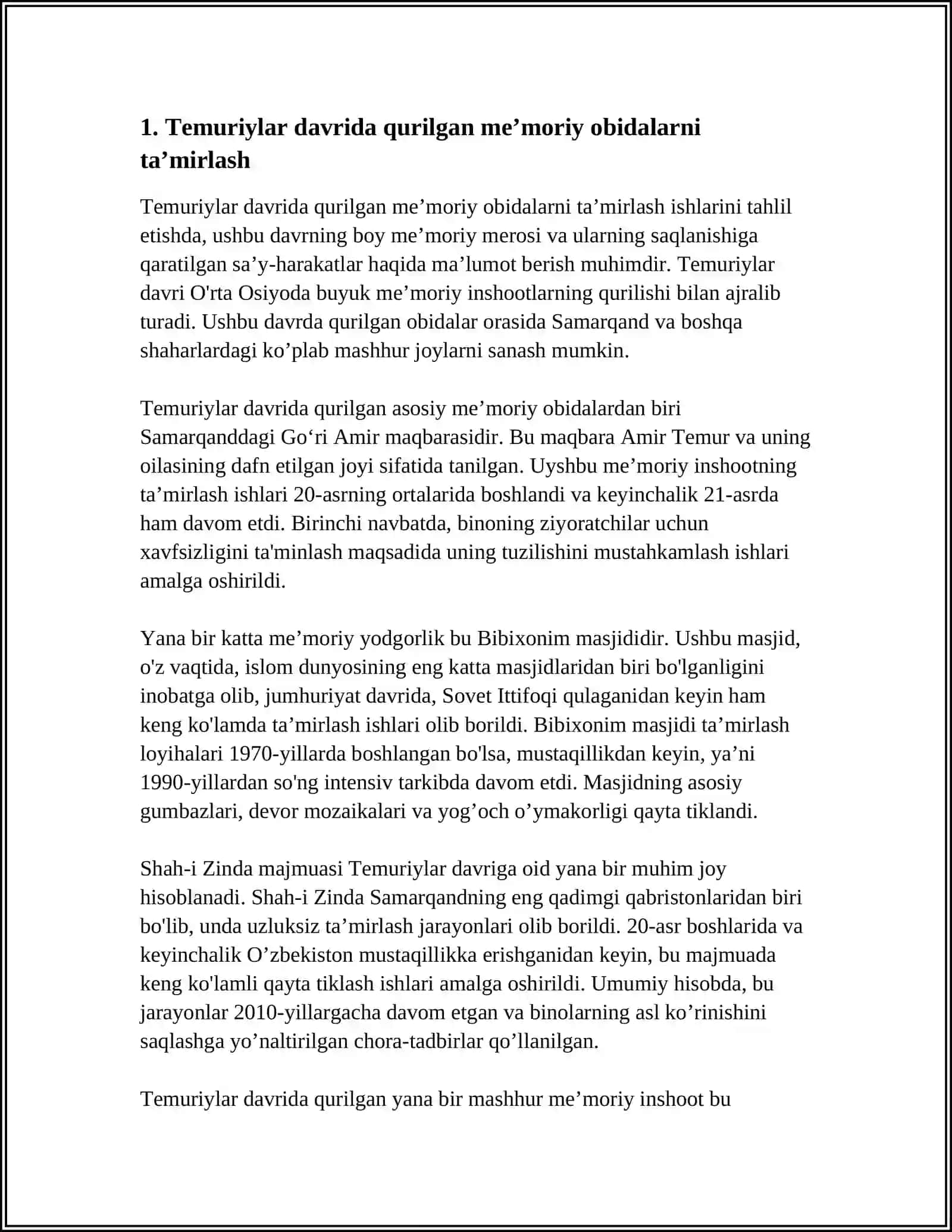 TEMURIYLAR MADANIY MEROSINI TIKLASH YUZASIDAN AMALGA OSHIRILAYOTGAN TADBIRLAR 3