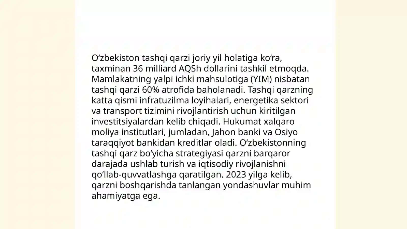O‘zbekiston tashqi qarzini joriy holat taxli vauning tartibga solish yo‘llari 3