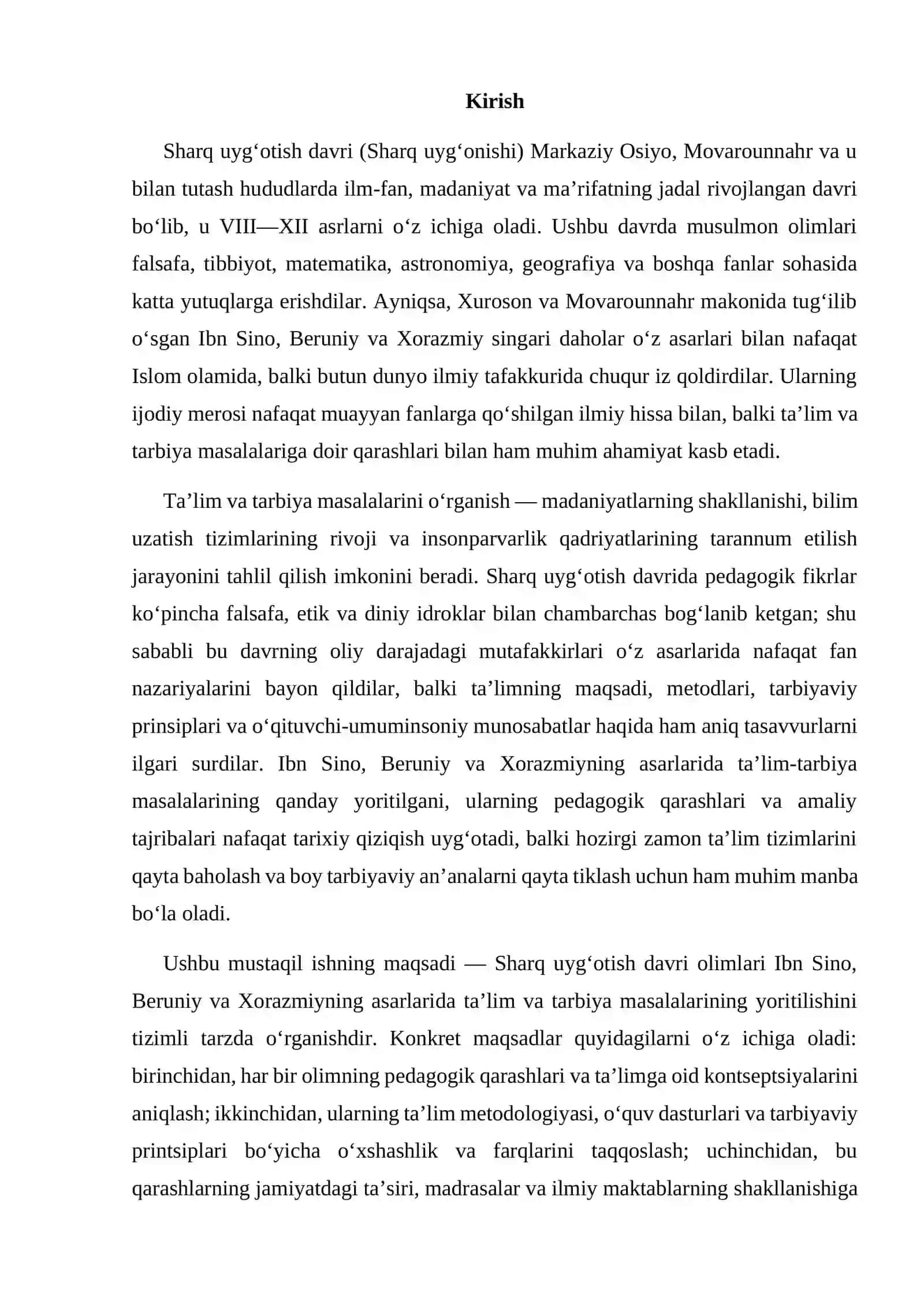 Sharq uyg'otish davri qomusiy olimlar Ibn Sino Beruniy Xorazmiy asarlarida ta'lim tarbiya masallarining yoritilishi 3