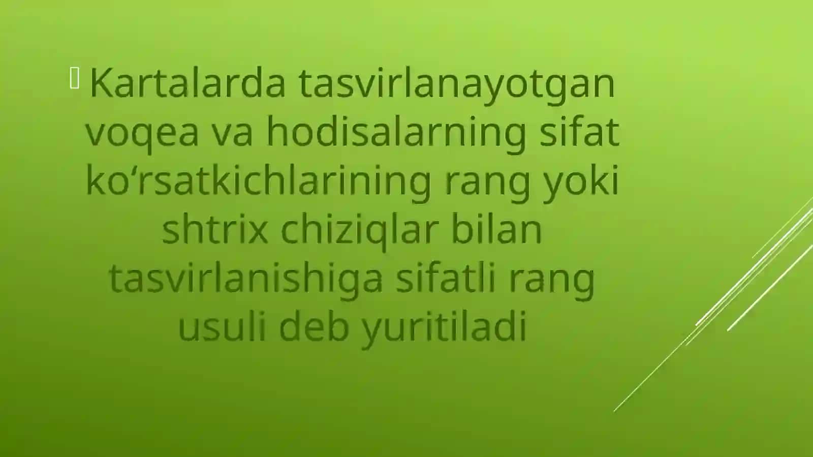 VOqea va hodisalarning miqdor ko‘rsatkichlari chiziqlar yo‘g‘onligi bilan, sifat ko‘rsatkichlari esa rang yoki shtrixlar bilan tasvirlanishida chiziqli belgilar usulining ahamiyati 3
