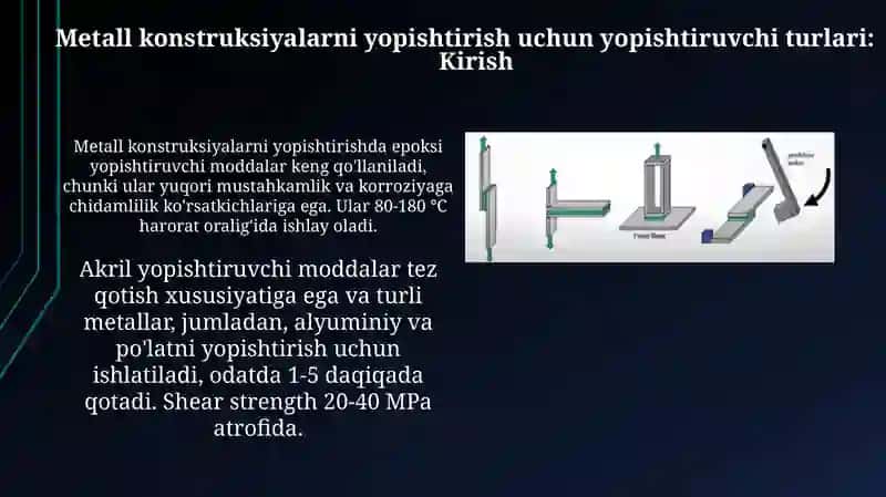 Metal konstruksiyalarniyelimlab biriktirish yelim turlari Payvandlashda qo‘llaniladgan materiallar 3