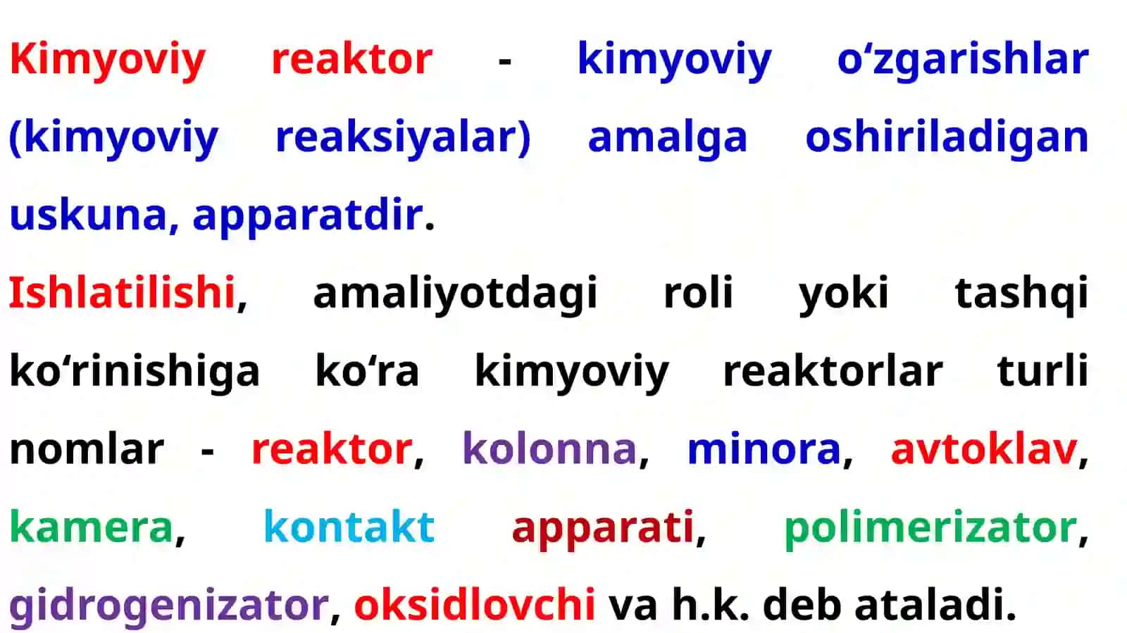 KIMYOVIY TEXNOLOGIYANING ASOSIY TUSHUNCHA VA KO‘RSATKICHLARI. KIMYOVIY REAKTORLAR 3