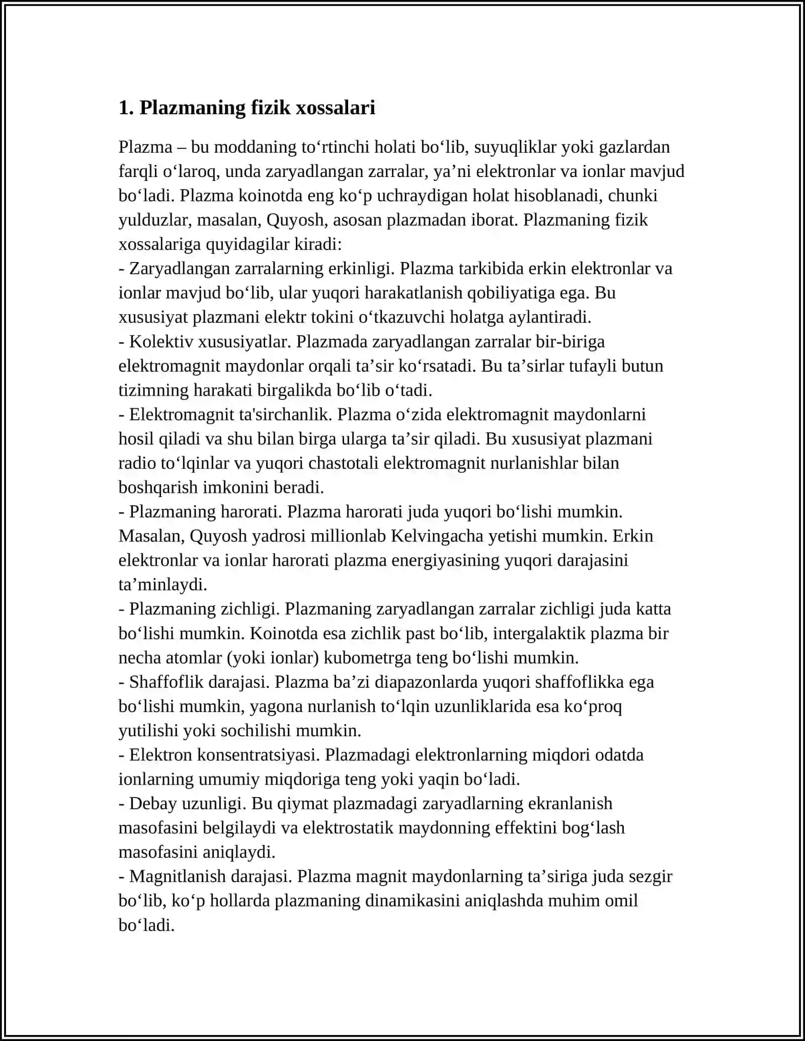 PLAZMA. PLAZMANING XOSSALARI VA QÔLLANILISHI 3