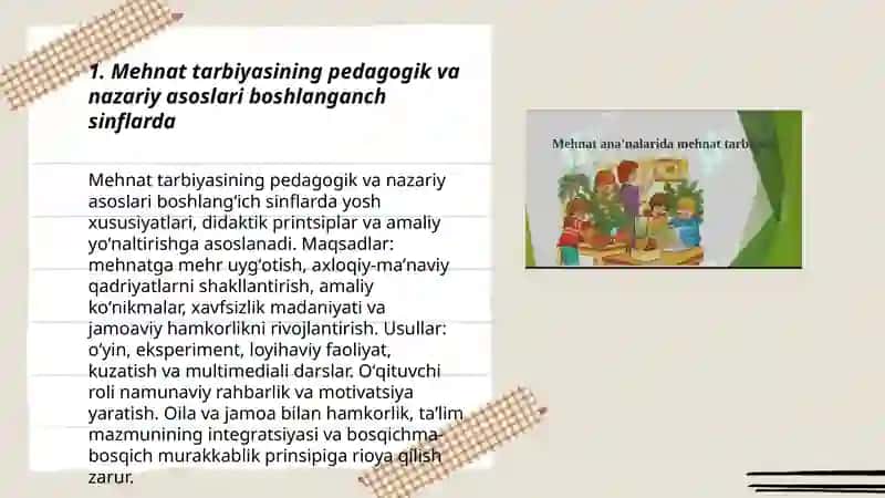 Boshlangʻich sinflarda mehnat tarbiyasining vazifalari talabalarni mehnatga axloqiy maʼnaviy va amaliy tayyorlash 3