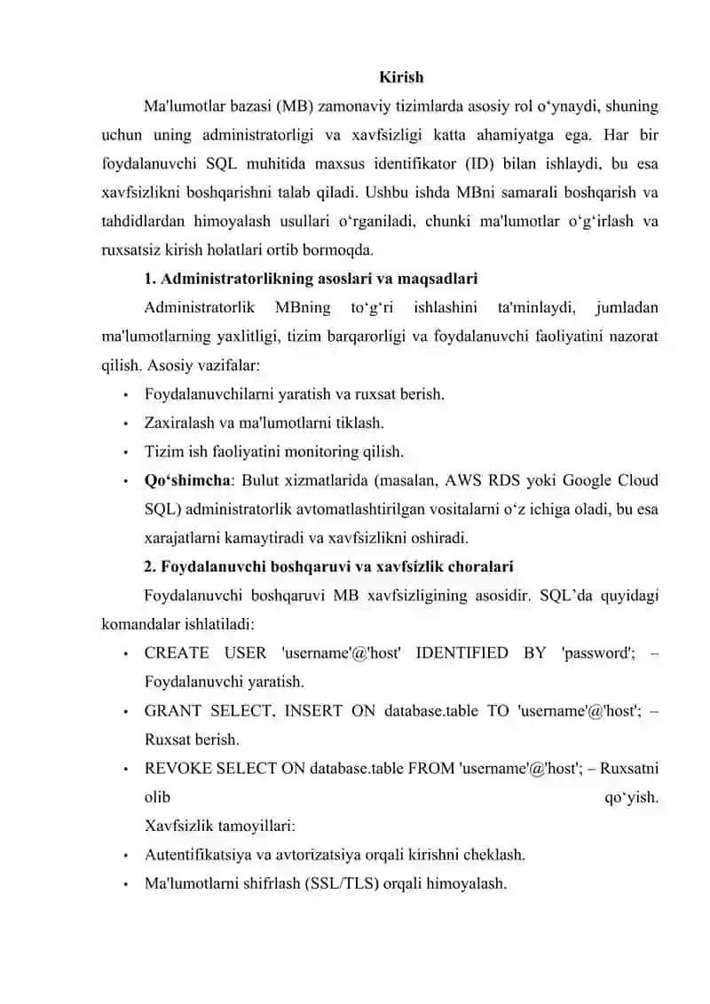 Ma'lumotlar bazasini administratorlash va xavfsizligini ta'minlash 3