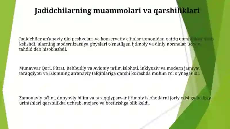 Jadid ma'rifatparvarlarining o'lka ijtimoiy- ma'naviy hayotida tutgan o'rni 3