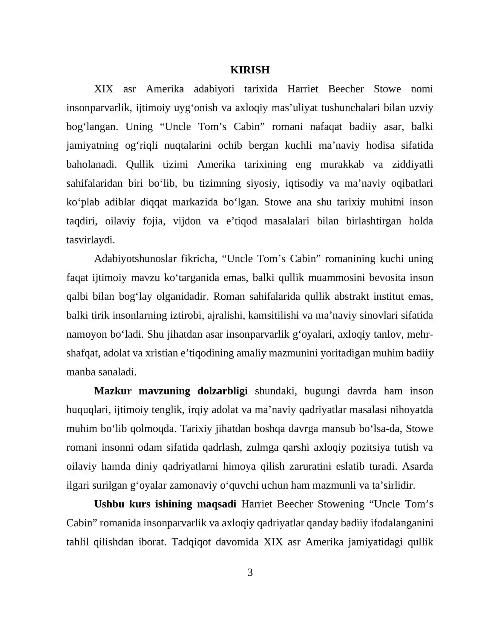 “GARRIET BEECHER STOUNING “UNCLE TOM’S CABIN” ROMANIDA INSONPARVARLIK VA AXLOQIY QADRIYATLAR TALQINI” 3