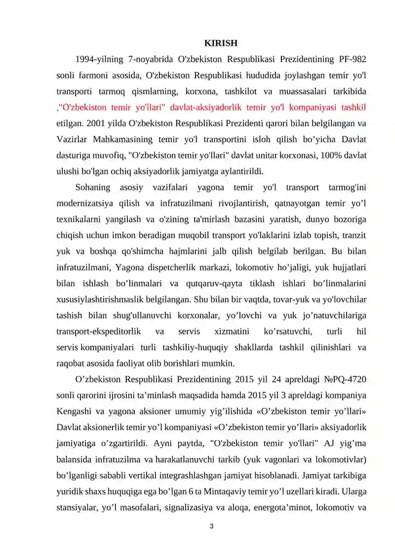 "O‘ZBEKISTON” LOKOMOTIV DEPOSI TASNIFI VA ISHLAB CHIQARISH KO‘RSATKICHLARINI TAHLILI" 3