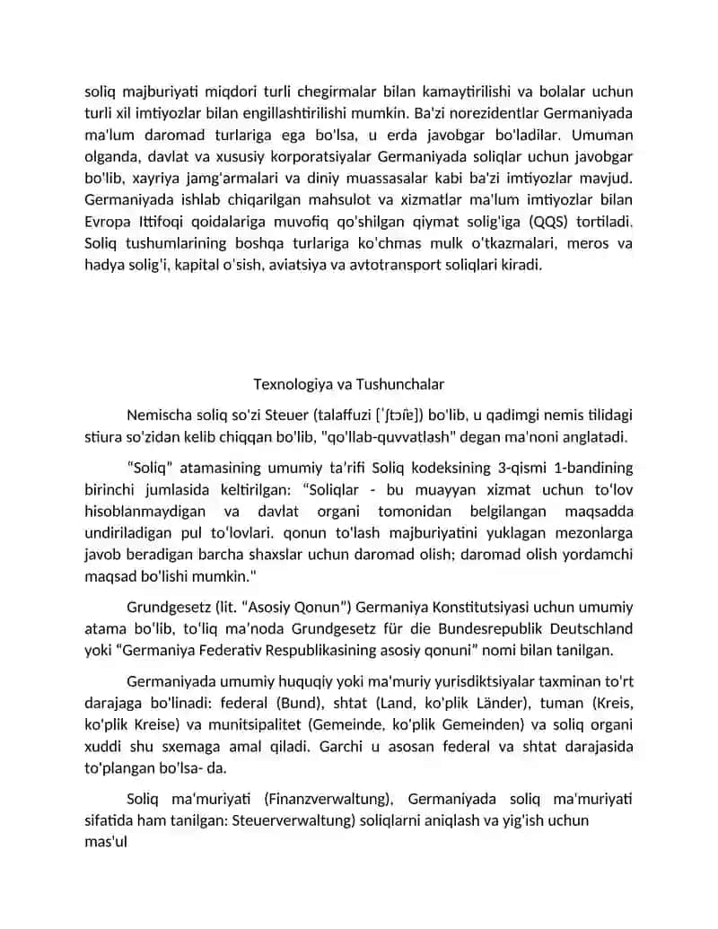 Germaniya soliq tizimida daromad solig’ining soliq qonunchiligida belgilangan soliqlarning elementlarini Respublikamiz soliq tizimidagi daromad solig’i elementlari bilan taqqoslash farqlari va o’xshashliklarini izohlash. 3