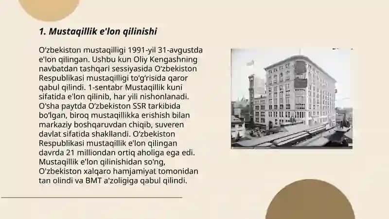 Oʻzbekiston Respublikasi tashkil topishining tarixiy ahamiyati. Oʻzbekiston oʻziga xos istiqlol va taraqqiyot yoʻli 3