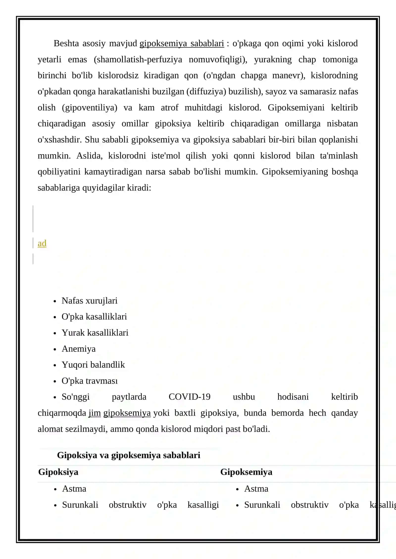 Gipoksiya sabablari, alomatlari, davolash usullari va boshqalarni solishtiring 3